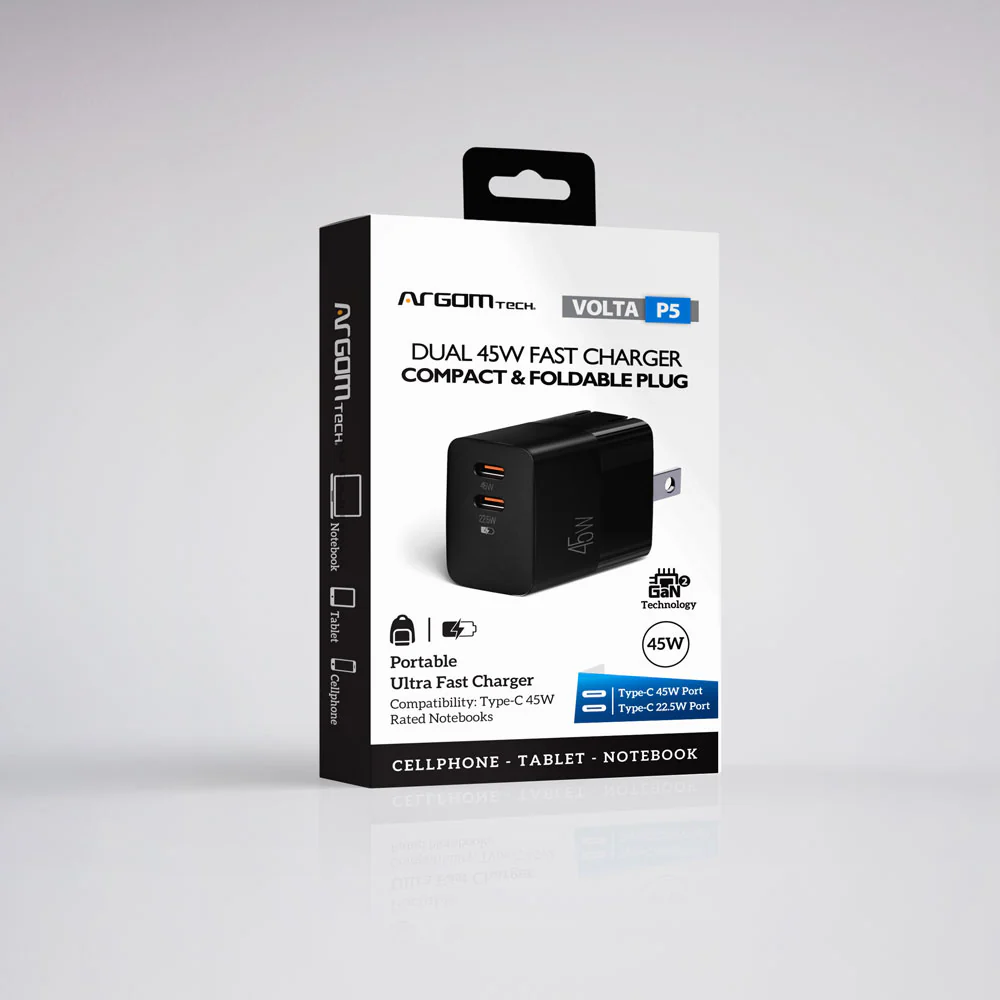 Cargador de pared Volta P5 GaN II de 45 W, tipo C dual, con enchufe plegable