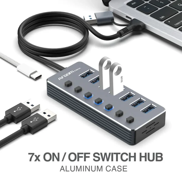 Concentrador One Axess 2 en 1 Tipo-C/USB 3.0 a USB 3.0 de 7 puertos con conmutadores - Imagen 6