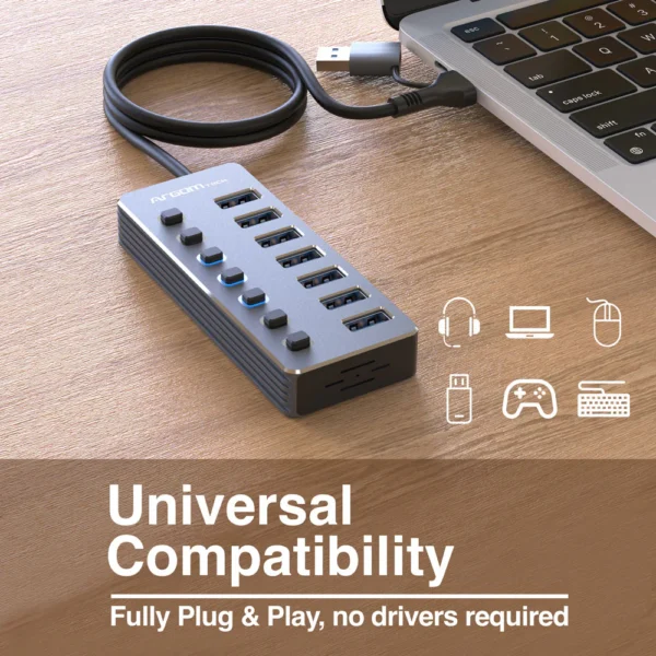 Concentrador One Axess 2 en 1 Tipo-C/USB 3.0 a USB 3.0 de 7 puertos con conmutadores - Imagen 7